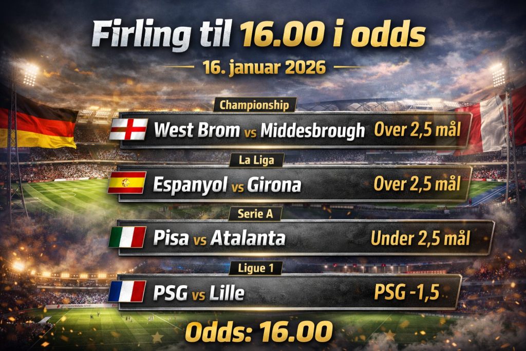 Firling til 16.00 i odds – fredag 16. januar 2026 1 Firling til 16.00 i odds