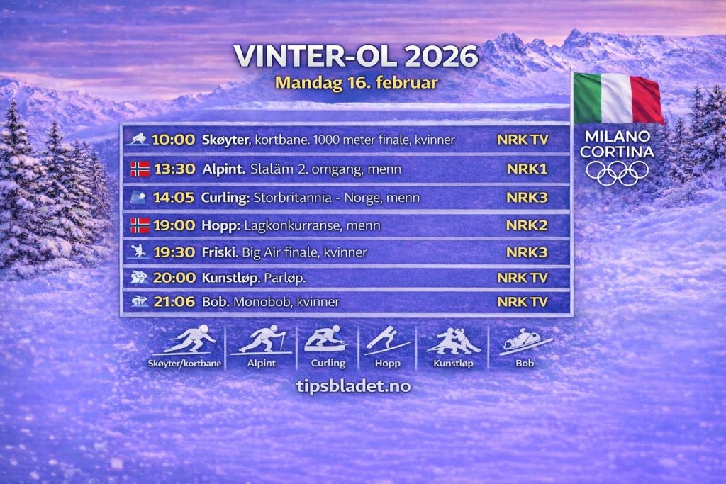 Vinter-OL 2026 mandag 16. februar: Alpint, hopp og norske sjanser 1 Vinter-OL 2026 mandag