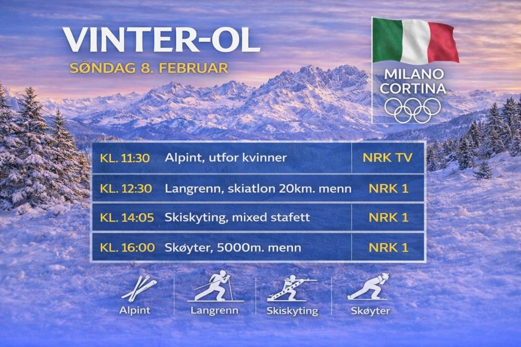 Vinter-OL 2026 søndag 8. februar – Klæbo og Eitrem i sentrum 1 Vinter-OL 2026 søndag 8. februar
