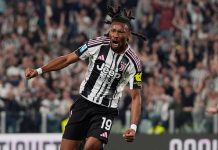 Khéphren Thuram jubler etter å ha scoret for Juventus mot Bologna. Foto: Fabio Ferrari