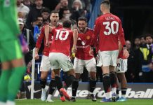 Manchester United' feirer Matheus Cunhas ledermål i bortekampen mot Chelsea. Foto: Kirsty Wigglesworth