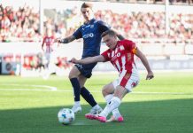 Tromsø fosser videre – sjefen ga klar beskjed i pausen Tromsøs Ruben Yttergård Jenssen og Kristiansunds Syver Skeide under eliteseriekampen i fotball mellom Tromsø og Kristiansund på Romssa Arena lørdag. Foto: Rune Stoltz Bertinussen / NTB.