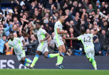 Jubel i Manchester City-leiren etter Marc Guehis scoring mot Chelsea. Foto: Ian Walton / AP / NTB