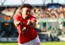 Branns hete radarpar strålte i storseier – storkjøpet scoret også Branns Noah Holm jubler for 1-0 under eliteseriekampen i fotball mellom HamKam og Brann på Briskeby Stadion. Foto: Geir Olsen / NTB