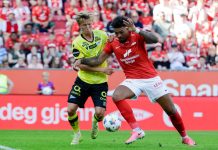 Branns Noah Holm utlignet til 1-1 i kampen mellom Brann og Start på Brann stadion. Foto: Paul S. Amundsen / NTB