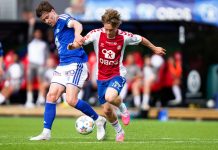 Molde snudde etter sjansebonanza – første seier mot KFUM Moldes Emil Breivik og KFUM Oslos Rasmus Eggen Vinge under eliteseriekampen i fotball mellom KFUM Oslo og Molde på KFUM Arena. Foto: Thomas Fure / NTB