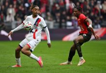 Suksess-start for Liverpool-debutant Jeremy Jacquet i aksjon for Rennes mot PSG i mars 2025. Foto: Matthieu Mirville / AP / NTB.