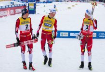 Trøbbel for ski-VM i Falun: – Helt klart utfordrende Johannes Høsflot Klæbo (i midten) eter å ha vunnet skiathlonen i Falun i verdenscupen sist vinter. Her er han sammen med Harald Østberg Amundsen (t.v.) og Martin Løwstrøm Nyenget. Foto: Pär Bäckström / TT / NTB