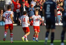 Tredje 1-0-seier på rad for FFK: – Ikke så vakkert Oskar Øhlenschlæger scoret mot Kristiansund søndag. Foto: Thomas Andersen / NTB