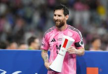 Lionel Messi ble kåret til banens beste da Inter Miami slo meksikanske Cruz Azul i Campeones Cup. Argentineren scoret sitt mål nummer 100 for MLS-klubben i 2-0-seieren. Foto: Lynne Sladky / AP / NTB