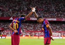 Raphinha herjet igjen i Barcelona-show – dansk skade betyr Norge-forfall for Christensen Raphinha (t.h.) scoret hattrick for annen kamp på rad da Barcelona slo Sevilla. Han og Lamine Yamal har til sammen 31 målpoeng på ni kamper denne sesongen. Foto: Jose Breton / AP / NTB