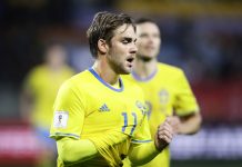 IFK Norrköping med tre nordmenn tilbake i Allsvenskan Christoffer Nyman i aksjon for Sverige i en VM-kvalifiseringskamp i 2017. Tirsdag skjøt han barndomsklubben IFK Norrköping til opprykk. Foto: Sergei Grits