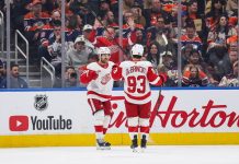 Brandsegg-Nygård og Detroit Red Wings slo Edmonton Oilers etter straffeslag Detroit Red Wings' Viktor Arvidsson og Alex DeBrincat (93) feirer for scoring. Foto: Codie McLachlan/The Canadian Press via AP