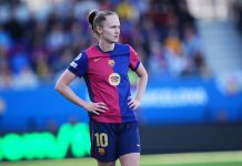 Ekstremværvarsel i Barcelona – kvinnenes El Clásico flyttes Barcelona og Caroline Graham Hansen må forberede seg på en tung gressmatte søndag. Bildet er fra 2025. Foto: Bagu Blanco / AP Photo / NTB