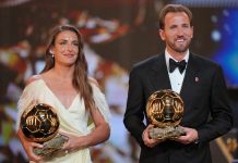 Harry Kane (t.h) og Alexia Putellas vant Gullballen for sine prestasjoner forrige sesong. Foto: Kin Cheung / AP / NTB
