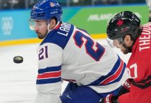 Dylan Larkin i aksjon for USA i OL-finalen mot Canada i februar. Foto: Hassan Ammar
